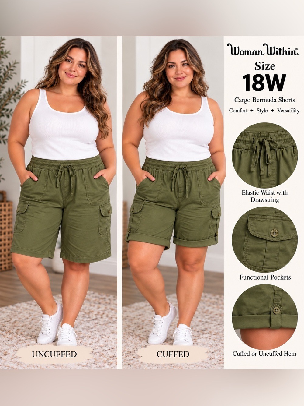 Woman Within Size 18W Olive Cargo Bermuda Shorts Convertible Cuffed Hem